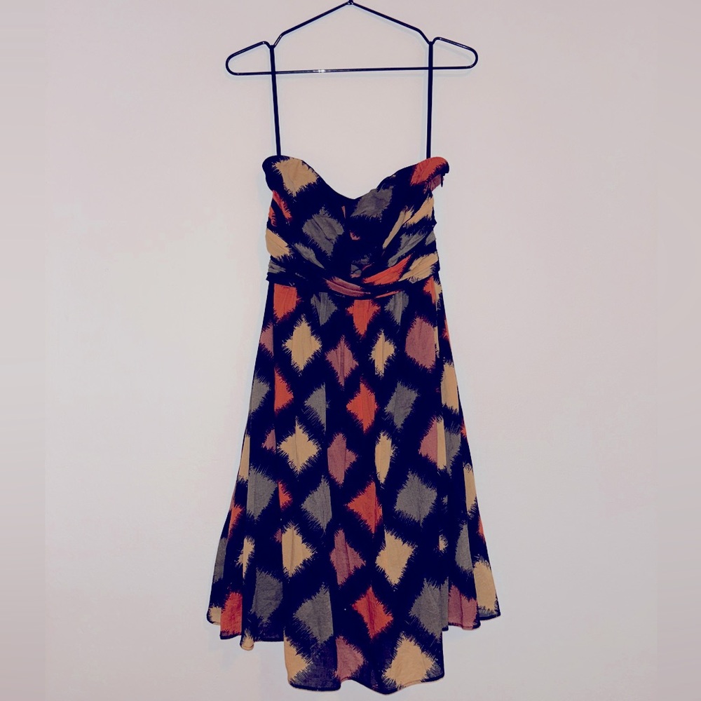 The Limited black, orange, green strapless midi party dress